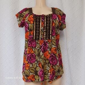 Christopher & Banks Women Size L Floral Blouse - Pink, Orange, Green